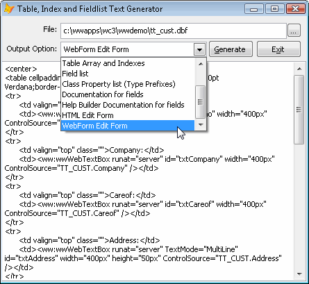 Table And Index Structure Exporter West Wind Web Connection